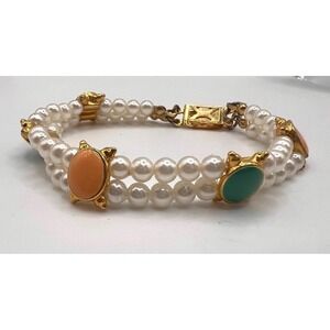 Vintage Double Strand Faux Pearl Bracelet Gold Tone Cabochon 8"‎